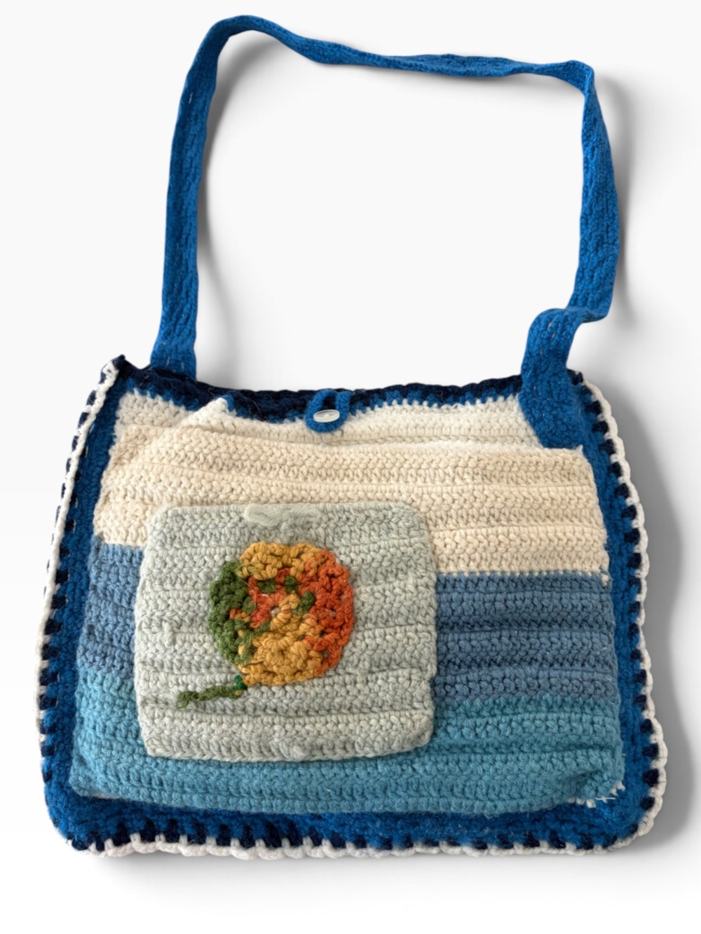 VTG 1970s Handcrafted Crochet Tote Bag Purse with Floral Accent